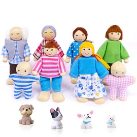 DUOCIYUAN Dollhouse Dolls, 12 Pieces Dollhouse Figures with Cat and Dog Dolls Family Set Wooden Doll Toy for Children Doll Families Bending Dolls for Dollhouse Accessories Gift