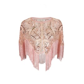 Grouptap 1920s Lace shawl gatsby bolero sequin shrug wrap cape for girls women flapper art deco evening costume (One Size) (Pink)