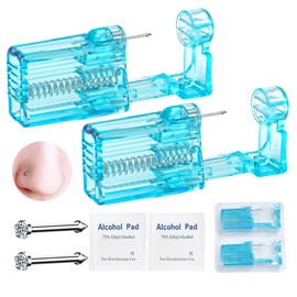 orilace 2 Pack Nose Piercing Kit, Disposable Self Piercing Kit Built-in Nose Stud At Home Piercings Gun Easy Use Crystal Blue Shell Nose Piercer Kit, Plastic, cubic zirconia