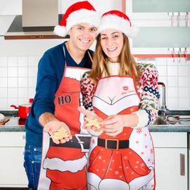 HONMOK 2pcs Christmas Apron Red Christmas Apron Women Men Cooking Apron Santa Kitchen Apron BBQ Apron Christmas Costume for Adults Xmas Party Christmas Party, red, white