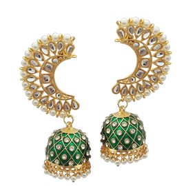 Moonstruck Traditional Indian Golden Dome-Shaped Meenakari Kundan Jhumka Earrings with Off-White Pearls for Women – Emerald Peach Ethnic Jewelry for Weddings, Festivals, Parties