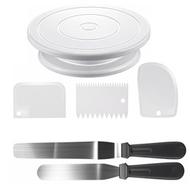 WADY Kit de Decoración de Pasteles, con Base Giratoria de 28 cm 2 Espátulas de Acero Inoxidable 3 Raspadores para Glaseado Herramientas Profesionales para Repostería Postres y Decoración de Tartas