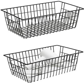 Slideep Farmhouse Large Wire Organizer Storage Bins Freezer Food Storage Basket for Kitchen Cabinets, Office, Bathroom, Pantry Organization Storage Bins Rack with Handles, 2 Pack, Black