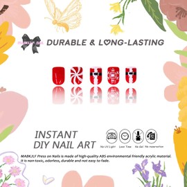 Christmas Press on Nails Short Square MABKJLF Winter Fake Nails Red False Nails with Designs Santa Snowflake Swirl Full Cover Glossy Glue on Nails Xmas Acrylic Nails for Women Girls 24 Pcs