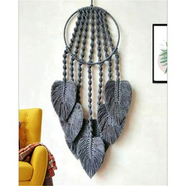 AMIPOS Dreamcatcher Woven Cotton Macrame with Feathers and Pompoms Bohemian Home Decor (Grey)