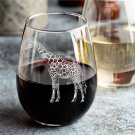 Giraffe Stemless Wine Glass 18 oz Laser Engraved Hand Drawn Picture of a Giraffe - Perfect gift for Giraffe Lovers - Safari Themed Wine glass