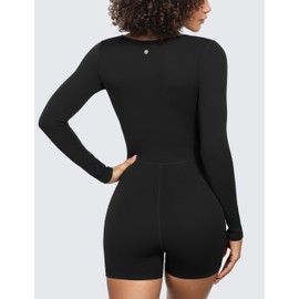CRZ YOGA Butterluxe Athletic Rompers for Women Long Sleeve Scoop Neck Short Jumpsuits Stretchy Workout One Piece Bodysuit Black Medium