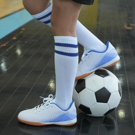 Hawkwell Unisex-Child Athletic Lace Up Boys Girls Firm Ground Indoor Trainer Soccer Shoe, White PU, 11.5 M US