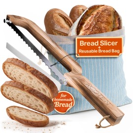 ROOTEN Premium Sourdough Bread Slicer With Reusable Bread Bag Set - Natural Acacia Wood Bread Cutter For Homemade Bread - 0,7" Blade With Extended Teeth Sourdough Slicer With Sourdough Bread Storage