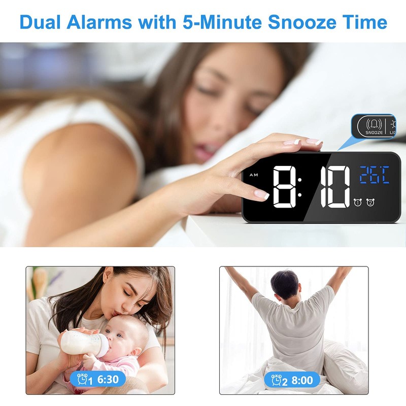Digital Alarm Clock, with Large Led Temperature Display, Portable Alarm