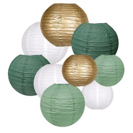 Paper Lanterns Decorative, Round Hanging Paper Lanterns Party Decorations for Graduation Wedding Baby Shower Tropical Jungle Theme Birthday Party Decorations Sage Green/Gold/White 9pcs