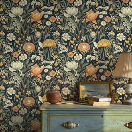 Safiyya Floral Peel and Stick Wallpaper Boho Contact Paper Peel and Stick 17.3"x 78.7" Black Wall Paper Self Adhesive Wildflower Farmhouse Removable Wallpaper for Bedroom Bathroom Vinyl Roll