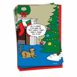 NobleWorks 12 Humorous Christmas Greeting Cards Bulk Box Set with 5 x 7 Inch Envelopes (1 Designs, 12 Each) Ornament Cat Toy C7687XSG-B12x1