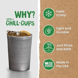 Steel Chill Cups 16 oz. Party Cups, Perfect for Cold Drinks, Sturdy & Durable, Disposable and 100% Recyclable, Made in USA, Gray, 180 Count