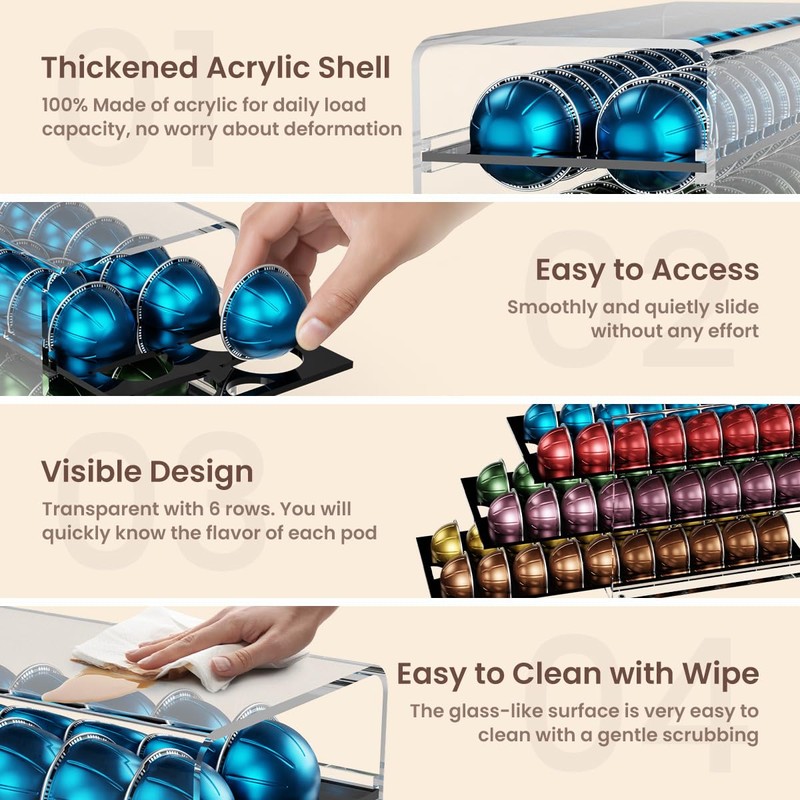 Acrylic Coffee Pod Drawer for Nespresso Vertuo Capsules, 3 Tier