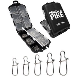 PERCH`N PIKE Snaps in Set Including Box, Duo-Lock Snap, 11-33 kg, 125 Snaps for Spin Fishing, Snaps for Pike, Perch, Zander and Trout, Fishing Swivel Set, Snap Fishing Accessories, Carabiner