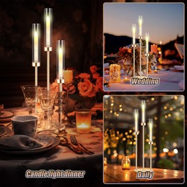 Tandefio 6 Set Gold Candelabra Centerpiece with 18 LED Candles 3 Arm Clear Candlestick Metal Candle Holder with Shade Circular Base for Christmas Wedding Party Table Decoration Fit 0.87 LED Candle
