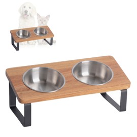 PETLINUS Raised Cat Feeding Station, Ergonomic Cat Bowl, Raised Cat Feeding Bowl, Stainless Steel and Wood, Raised Cat Feeding Bowl for Cats and Small Dogs, Raised Cat Feeding Bowl - Acacia