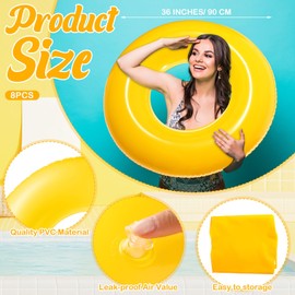 Gemscream 8 Pcs Large Inflatable Pool Float 36 Inches Swimming Ring Pool Floats Adult Inflatable Tube for Summer Vacation Beach River Bachelorette Wedding Party Supplies (Yellow)