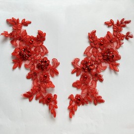Zbroh Fine Lace Fabric Patches Embroidered Rhinestones Trim Applique Decor Dress Decoration sew on Sequins Beads Accessory one Pair (red 2)