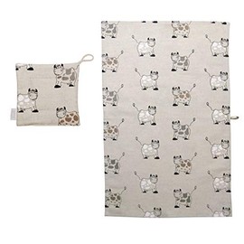 SIA COLLA-S Kit of 1 Linen Napkin 45 x 70 cm & 1 Linen Pot Holder 16 x 16 cm Cows Print Image