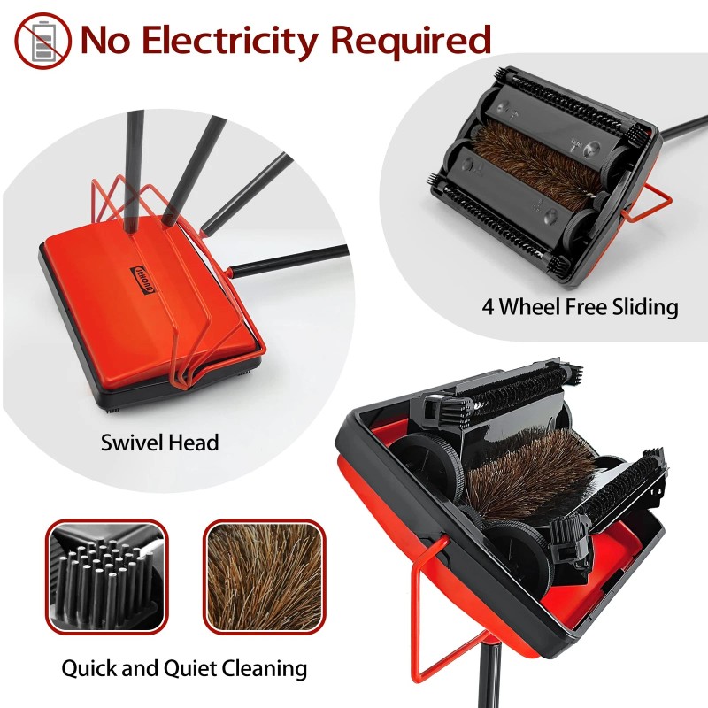 JEHONN Manual Carpet Floor Sweeper Horsehair Brush Non Electric Quiet