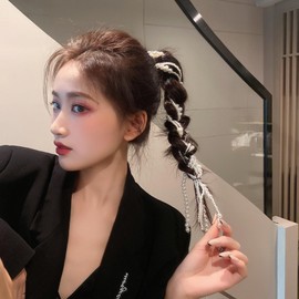 MISS FANCY Pearl Chain Headdress Butterfly Hair Clip (Set of 2) Pearl Hairpin Braid Accessories, Cute Wedding Pearl Head Chain, Hair Clip, Hair Ornament, 15.7 inches (40 cm), Easy Installation, For