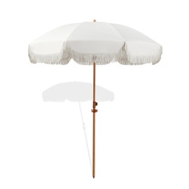 Seazul 6.5ft Patio Umbrella with Fringe, Beach Umbrella, Fringe Umbrella Outdoor Patio with Hanging Hook, Tilting Aluminum Pole, UV 50+, Fiberglass Ribs, Elegant Cream