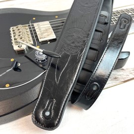 Walker & Williams GM-1176 Black On Black 2.5" Padded Guitar Strap with Embossed Fire Skulls For Acoustic, Electric, And Bass Guitars