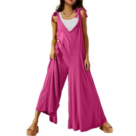 DEEP SELF Womens Jumpsuit 2024 Summer Vacation Outfits Casual Sleeveless Long Pants Rompers Wide Leg Loose Baggy Overalls with Pockets (Small, Hot Pink)