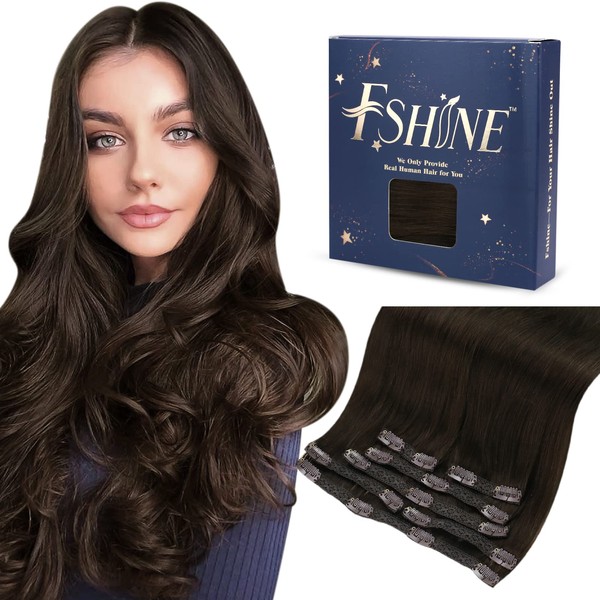 Fshine Real Hair Extensions Clip, 45 cm, Darkest Brown, 120 g, Double Weft Hair Extensions Clip, Straight, Hairpieces, Real Hair Clips, Extension, 7 Pieces