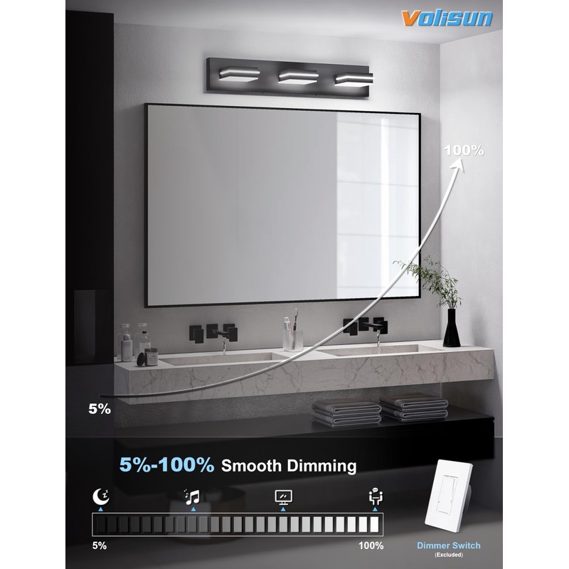 VOLISUN 5CCT Bathroom Light Fixtures Over Mirror, Dimmable, 360°Rotatable Head,