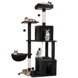 TSCOMON 54 Inches Large Cat Tree Tower for Indoor Cat, Tall Cat Tower with Scratching Posts, Cat Condos, Cat Hammock, Pompoms, Top Perches, Sisal Rope, for Bed Room, Living Room (Black)