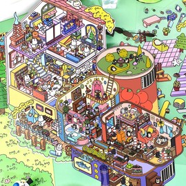 2Sets DIY 3D House Stickers Set Make Your Own Sticker Supermarket Coffee Shop Restaurant Bookstore 3D House Sticker Set Funny Cartoon Scene Stickers for Relief Stress Pass The Time (G)