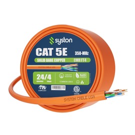 Syston Cable Technology Cat 5(e) Ethernet Bulk Raw Cable 350MHz 24AWG 4pr UTP Solid Bare Copper Riser (CMR) Rated 20ft with Wall Clips zipties Indoor Outdoor Heat Resistant Orange 1-1000 ft Available