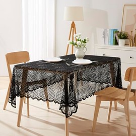 LinenZone Rectangular Lace Tablecloth with Leaves Design. Each Black Tablecloth Measures 60 x 84 Inches. Leaf Tablecloth for Farmhouse Table Decor or Rustic Kitchen Decor. (Amelia 60 x 84, Black)