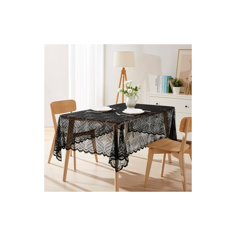LinenZone Rectangular Lace Tablecloth with Leaves Design. Each Black Tablecloth