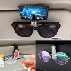 Moly Magnolia 2 PCS Glasses Holders for Car Sun Visor, Fashion Bling Crystal Rhinestones Car Eyeglasses Sunglasses Hanger Mount with Ticket Card Clip for Women Girls (Silver)