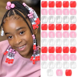 VENOFEN 48PCS Pink Hair Beads Red Clear Acrylic Beads Cute Braids Accessories Hair Decoration for Girls Large Loc Dreadlock Beads Hair Jewelry Making Kit