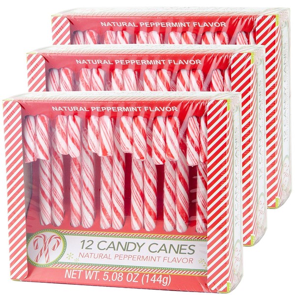 Candy Cane Peppermint Flavored | 12 Pieces in Each Box - Net 5.08 Oz Pack of 3 - 36 Total Count | Individually Wrapped (Peppermint)