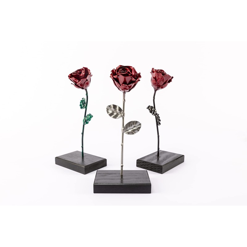Wrought Iron Eternal Rose with Base - Hand Forged (Red/Silver)