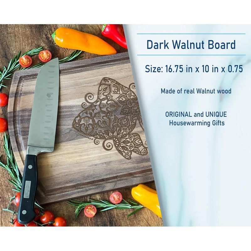 Patterned Butterfly Walnut Cutting Board, 16.75x10 in: Nature-Inspired, Ideal for