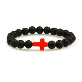 FORUBUS 2Pcs Lava Rock Stone Beaded Bracelet, Cross Charm Natural Volcanic Stone beads Turquoise Stretch Bracelet for Women Men Religion Jewelry Pray Baptism Gift (1pcs red)