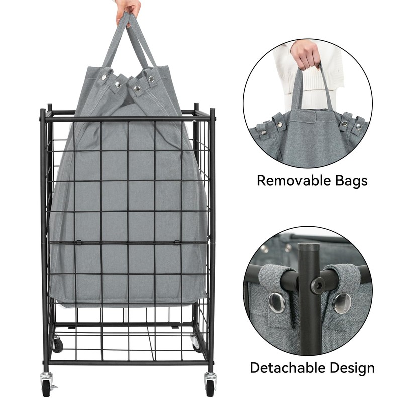 WOWLIVE Laundry Hamper with Wheels,Metal Wire Frame Rolling Laundry Basket