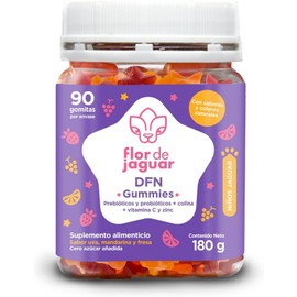 FLOR DE JAGUAR DFN Gummies 90 pzs Deliciosas Gomitas con Probióticos + Vitaminas y Minerales Sabor mandarina, uva y fresa Apoya tu bienestar diario con una mezcla de vitaminas y minerales esenciales, ideales para niños y adultos.