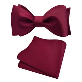 Gusleson Burgundy Self Tied Bow Tie Mens Silk Pure Color Bow tie Pocket Square Set for Wedding (UK0685-02)