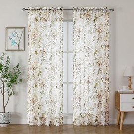 OWENIE Cortinas Transparentes Arrugadas, 84 Pulgadas de Largo, Juego de 2 Paneles, Cortinas con Estampado Floral para Sala de Estar, Bolsillo para Varilla, Cortinas de Ventana Estilo Granja Filtrantes