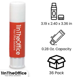 1InTheOffice Clear Glue Stick for Kids, Glue Sticks, All Purpose School Glue Sticks, Washable Glue Sticks, Clear Stick Glue 0.28 oz, 36 Pack