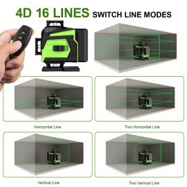 16 Lines Laser Level Self Leveling, 4x360°Professional 4D Green Cross Line laser Level for Construction and Picture Hanging with 2 Batteries, Adjustable brightness & Remote Control