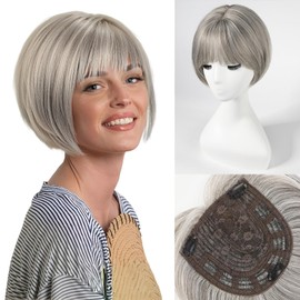 HAIRCUBE Hair Toppers for Women 10inch Natural Grey Toppers Hair Pieces for Women with Fringe Side Part Synthetic Wig Topper with 3 Clips
